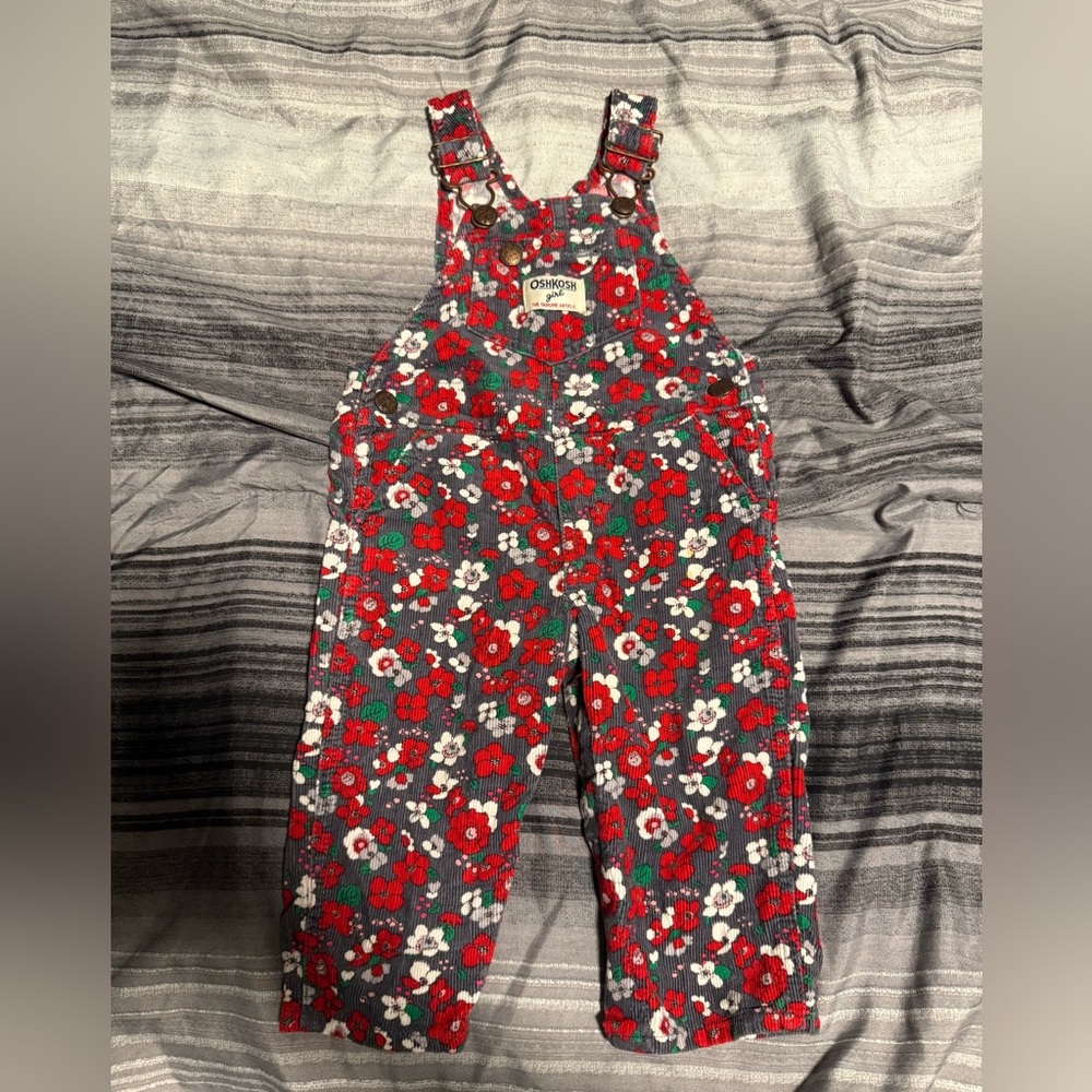 OshKosh B'gosh Red and White Floral Corduroy Overalls